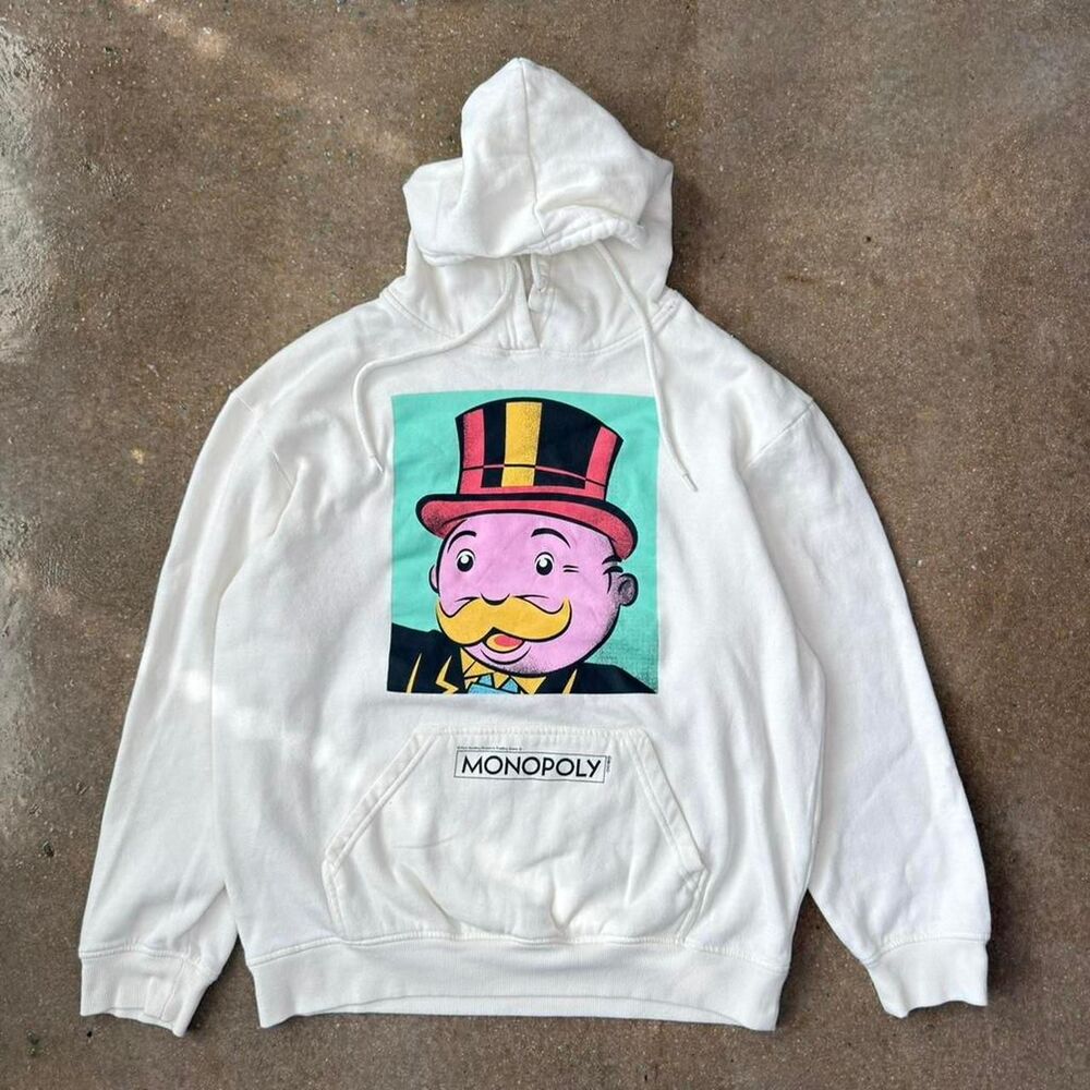 Monopoly Hoodie Mens Medium Cream Graphic Monopoly Streetwear Sweatshirt
